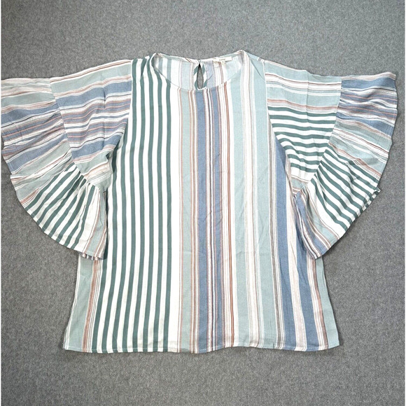 Entro Striped Bell Sleeve Blouse Women's Medium Top Green - Picture 1 of 10